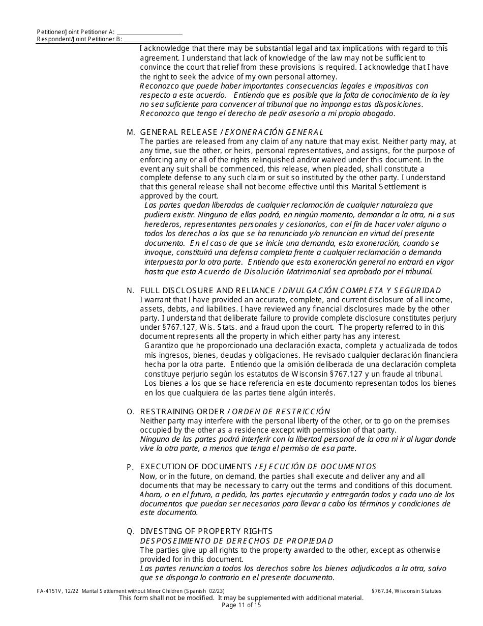 Form FA-4151V Marital Settlement Without Minor Children - Wisconsin (English / Spanish), Page 11