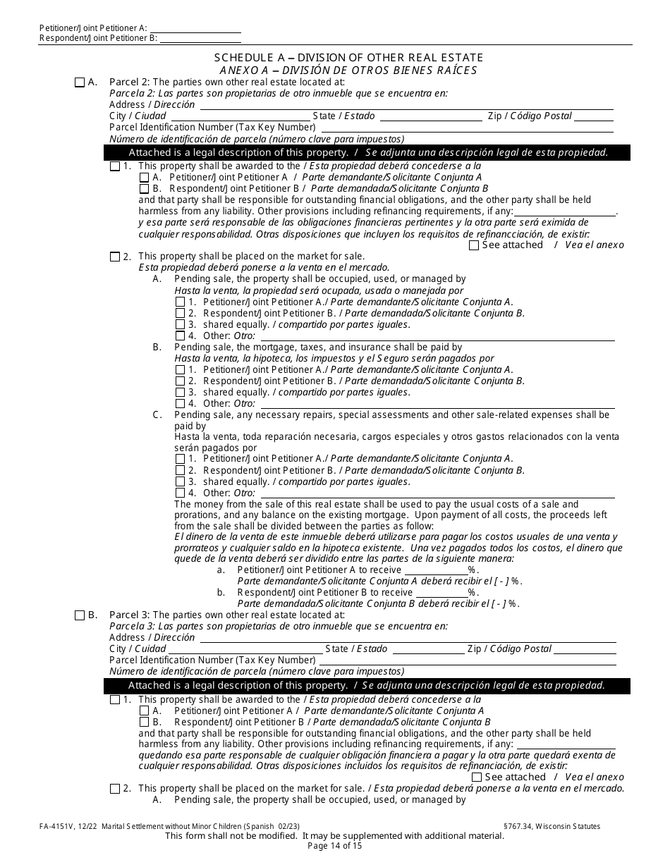 Form FA-4151V Marital Settlement Without Minor Children - Wisconsin (English / Spanish), Page 14