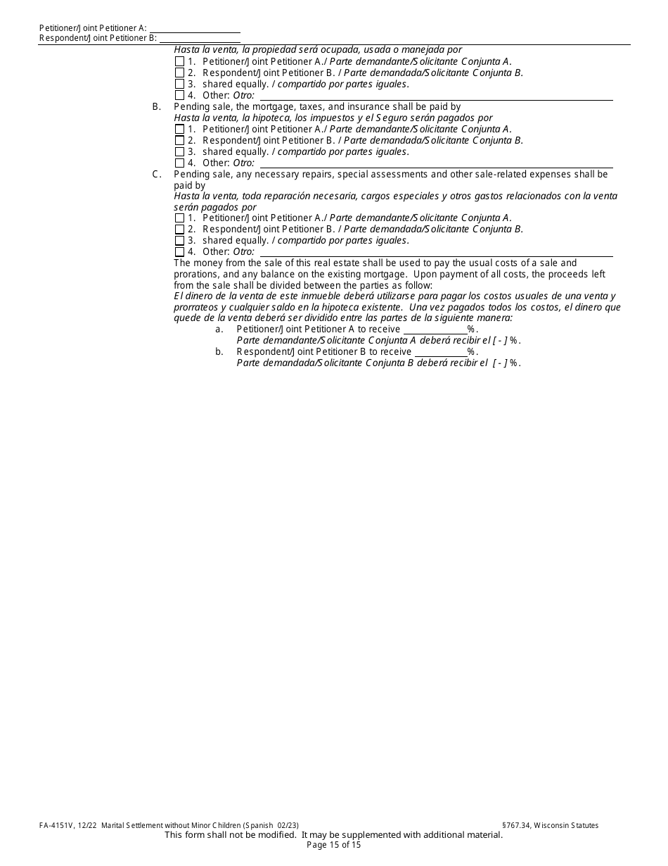 Form FA-4151V Marital Settlement Without Minor Children - Wisconsin (English / Spanish), Page 15