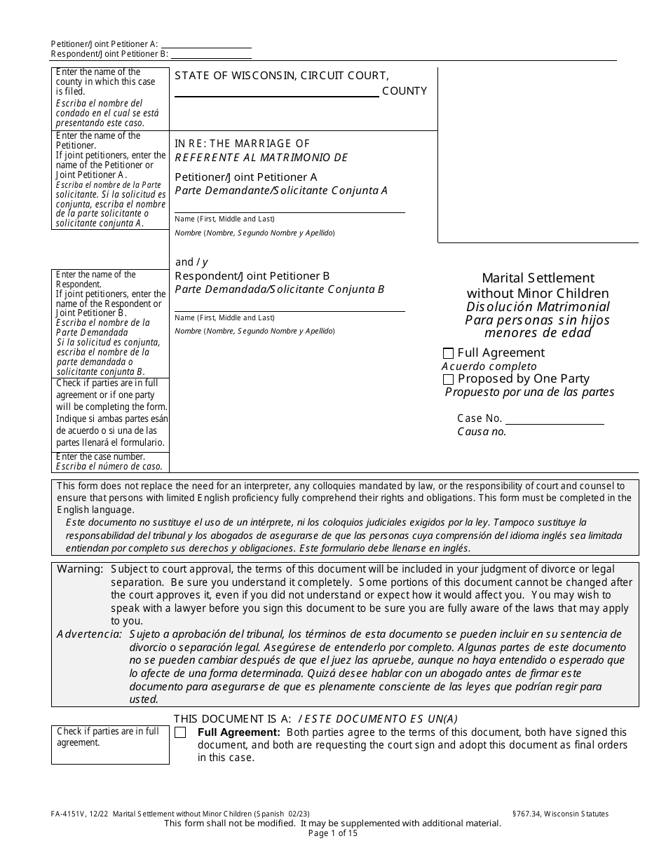 Form FA-4151V Marital Settlement Without Minor Children - Wisconsin (English / Spanish), Page 1