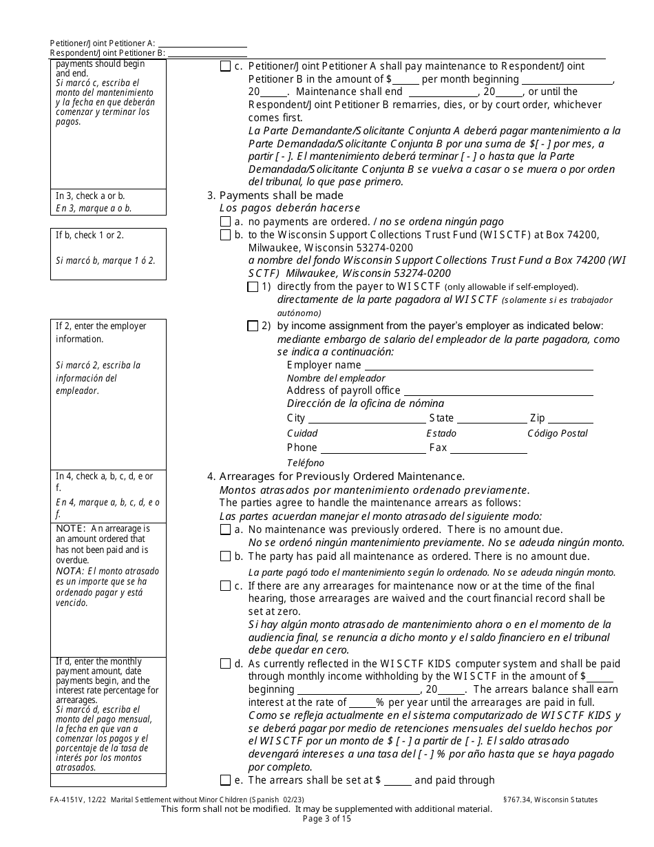 Form FA-4151V Marital Settlement Without Minor Children - Wisconsin (English / Spanish), Page 3