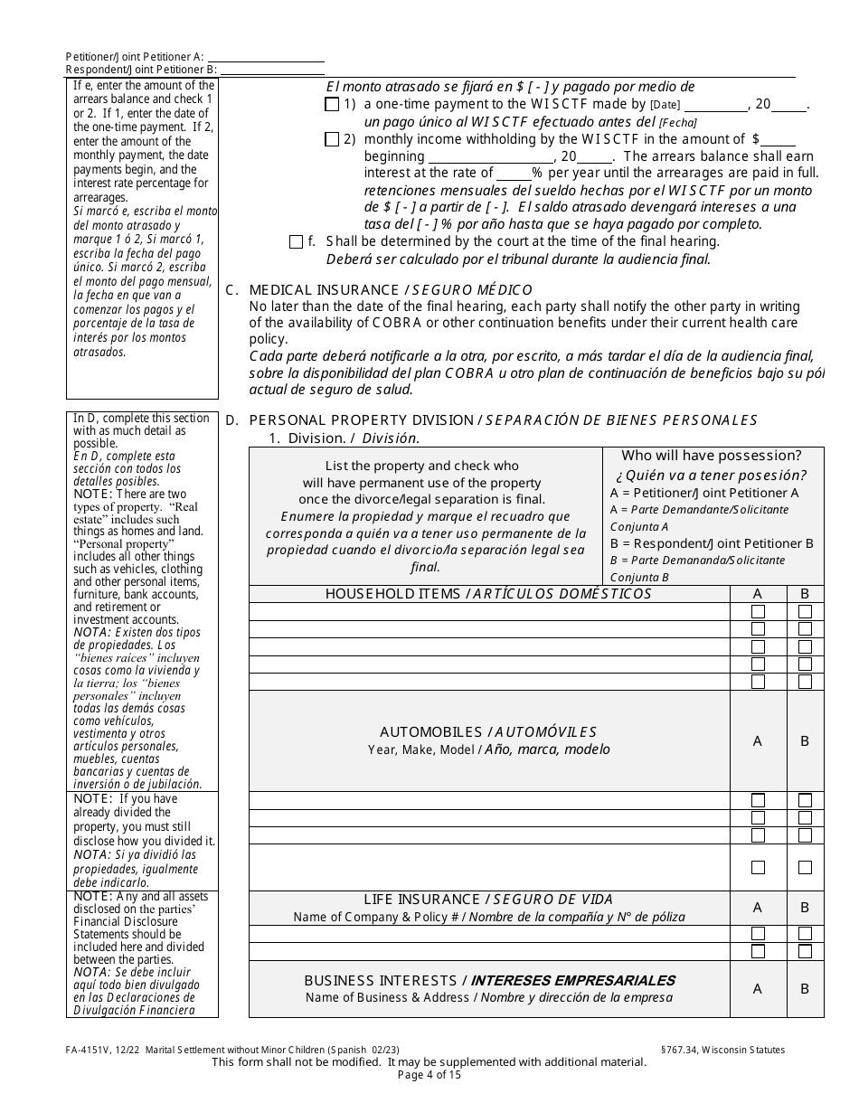 Form FA-4151V Marital Settlement Without Minor Children - Wisconsin (English / Spanish), Page 4