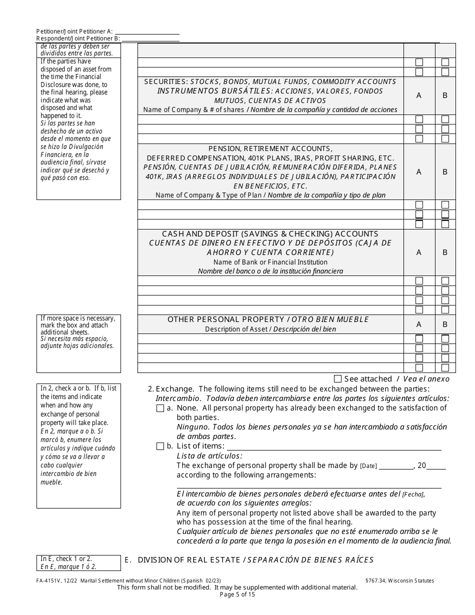 Form FA-4151V Marital Settlement Without Minor Children - Wisconsin (English / Spanish), Page 5
