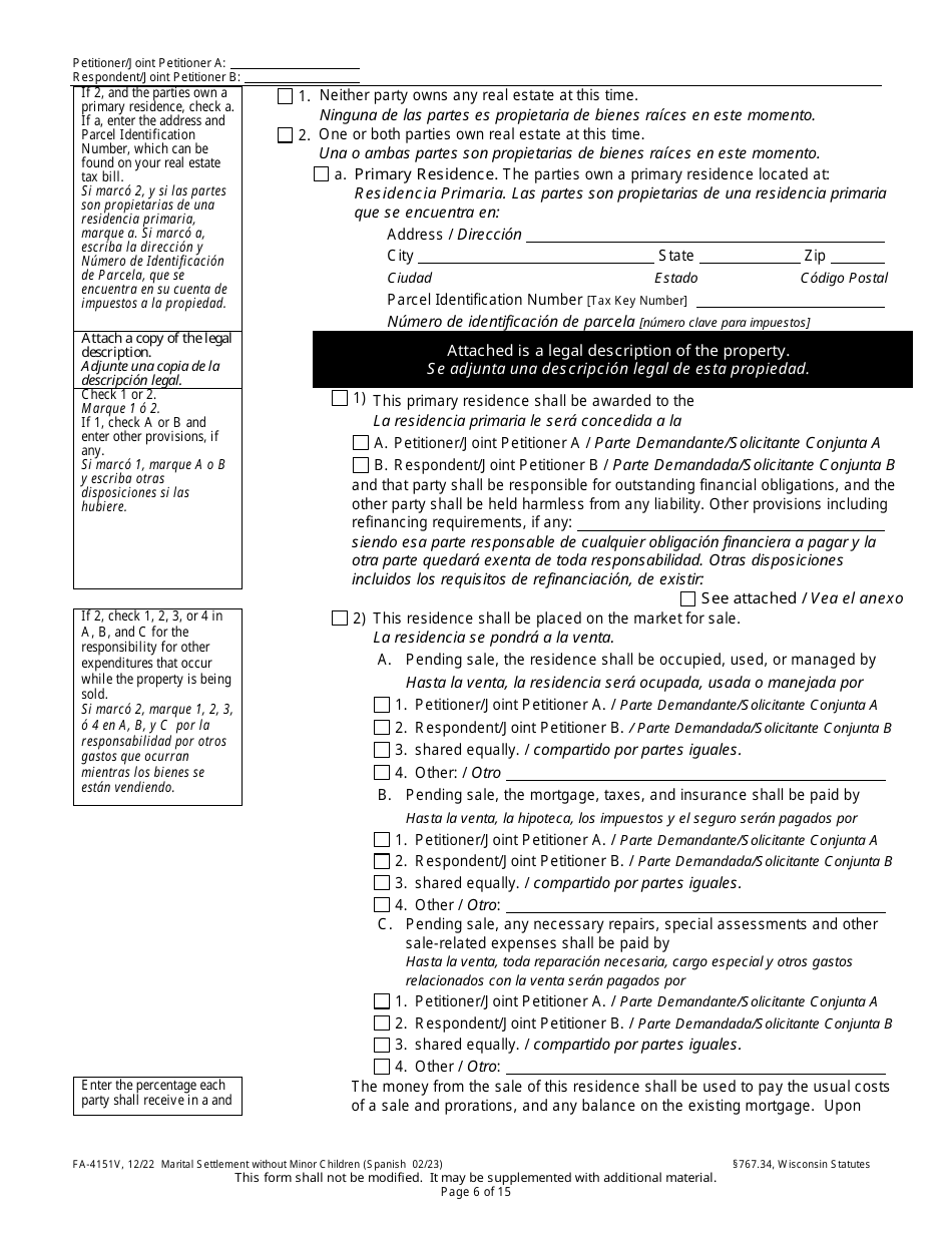 Form FA-4151V Marital Settlement Without Minor Children - Wisconsin (English / Spanish), Page 6