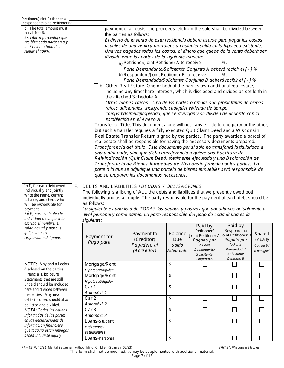Form FA-4151V Marital Settlement Without Minor Children - Wisconsin (English / Spanish), Page 7