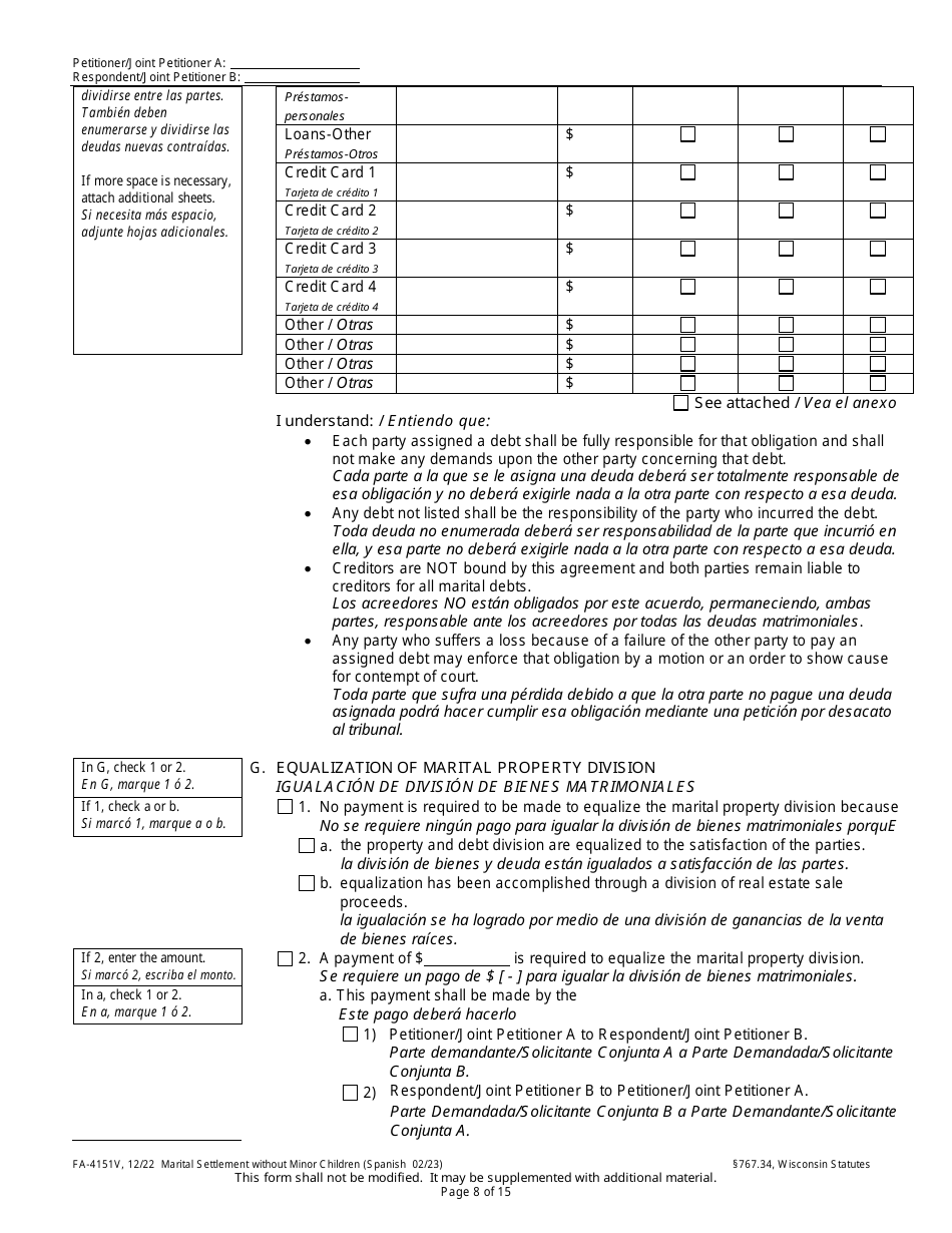 Form FA-4151V Marital Settlement Without Minor Children - Wisconsin (English / Spanish), Page 8