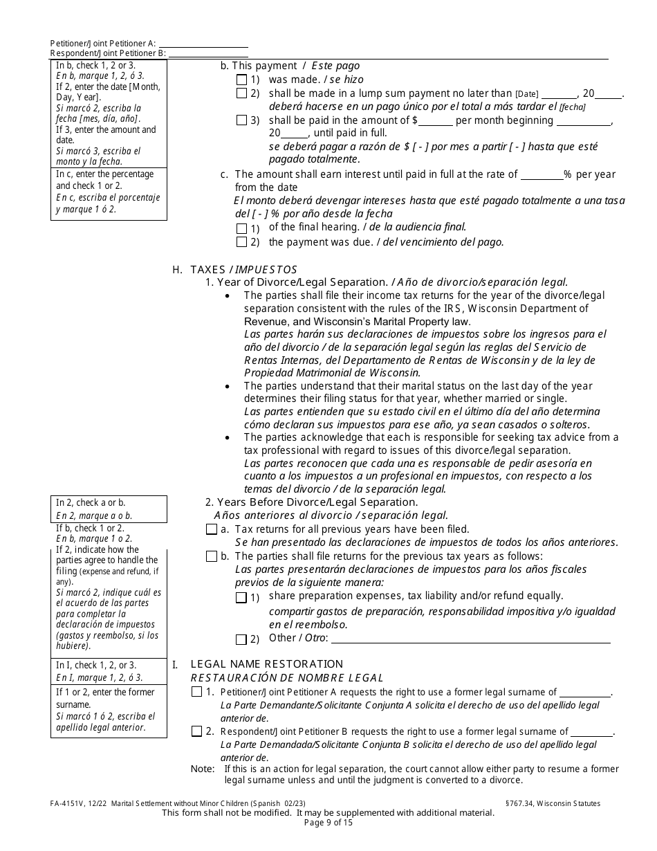 Form FA-4151V Marital Settlement Without Minor Children - Wisconsin (English / Spanish), Page 9