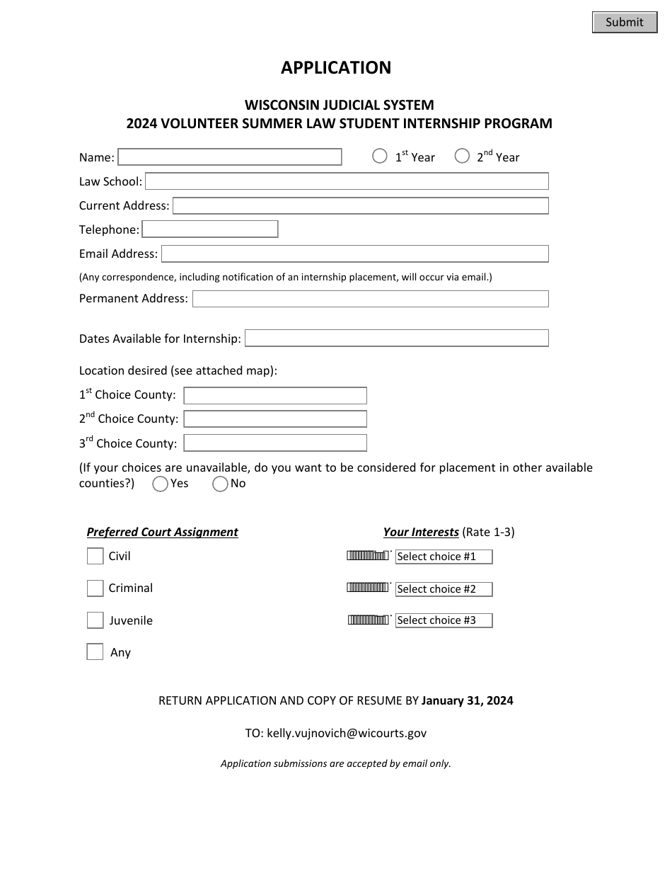 Volunteer Summer Law Student Internship Program Application - Wisconsin, Page 1