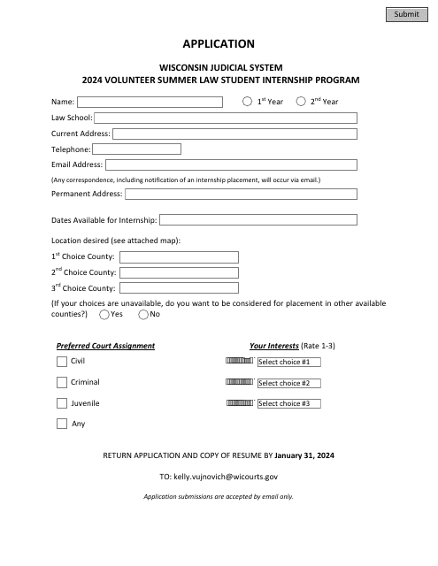 Volunteer Summer Law Student Internship Program Application - Wisconsin Download Pdf