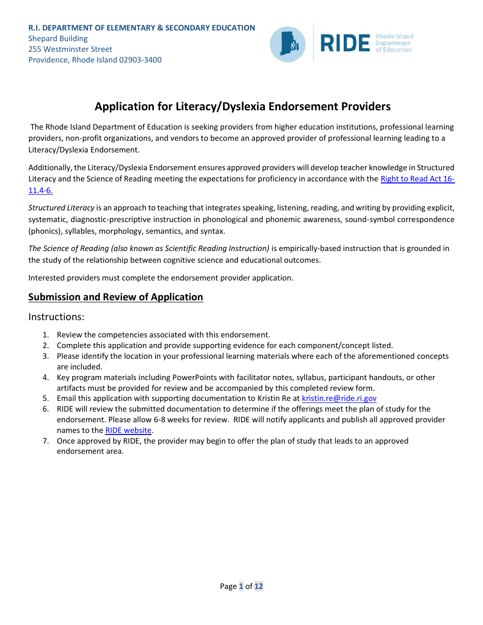 Application for Literacy / Dyslexia Endorsement Providers - Rhode Island, Page 1