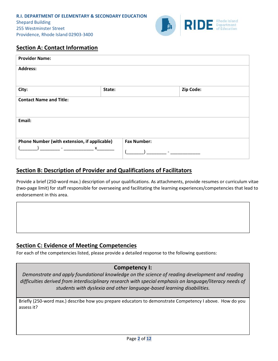 Application for Literacy / Dyslexia Endorsement Providers - Rhode Island, Page 2