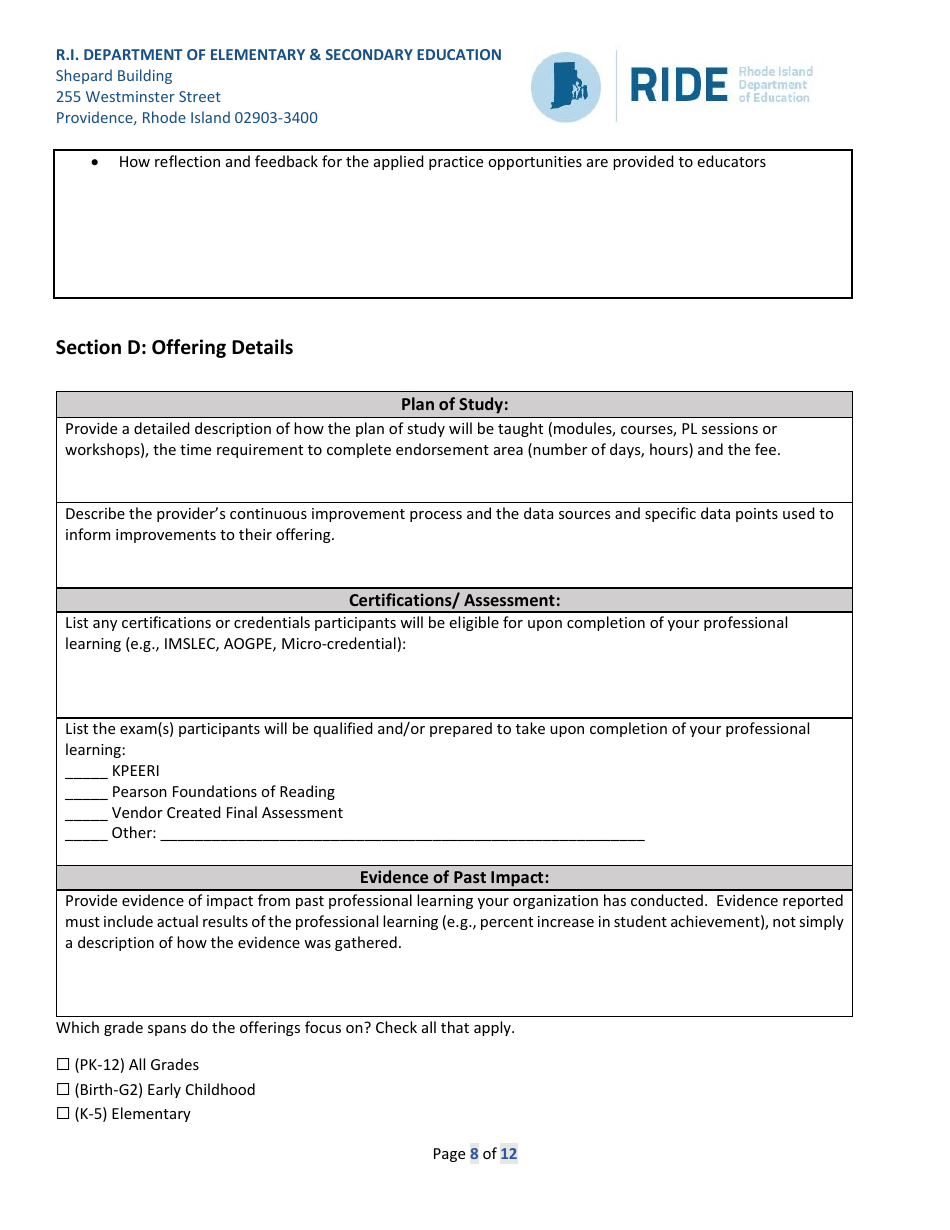 Application for Literacy / Dyslexia Endorsement Providers - Rhode Island, Page 8