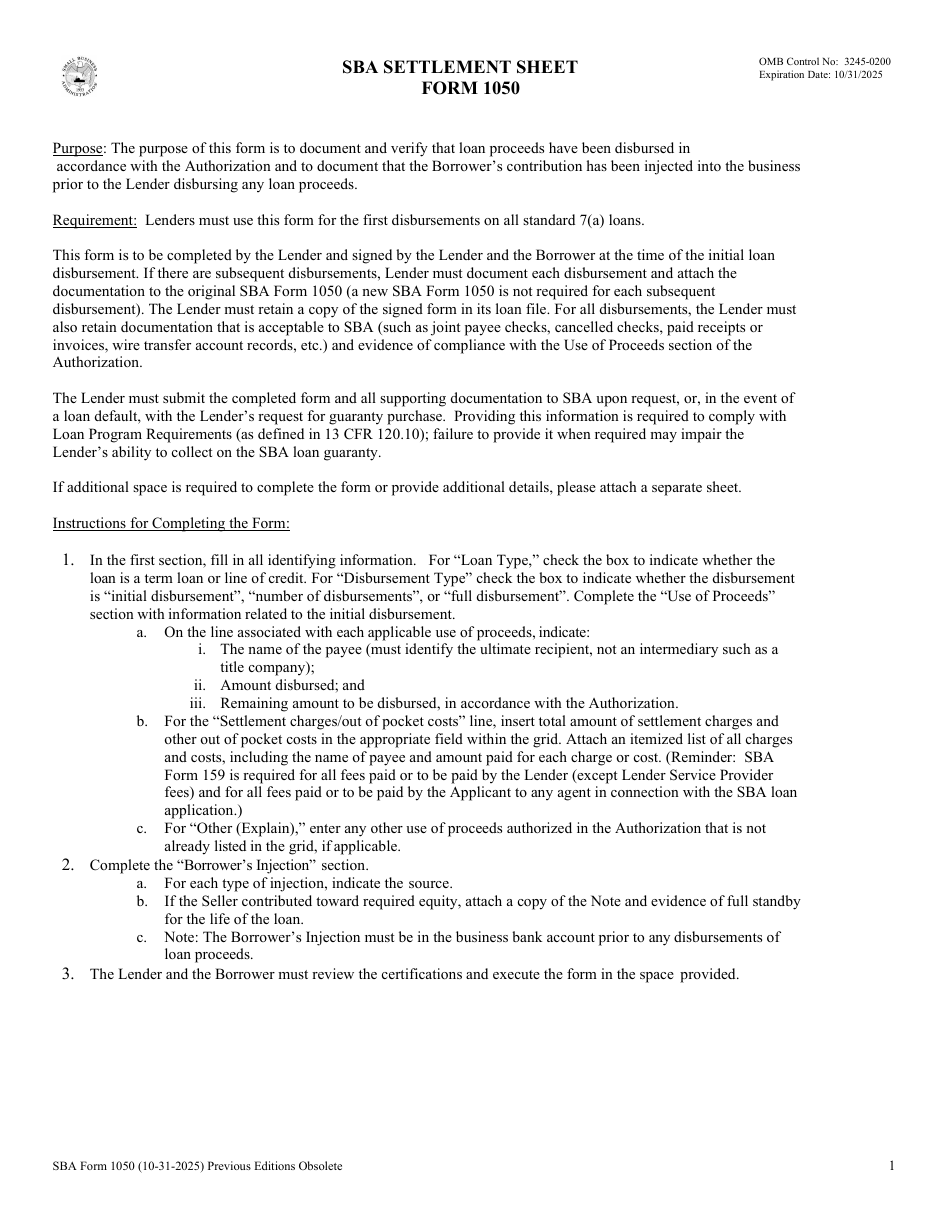 SBA Form 1050 SBA Settlement Sheet, Page 1