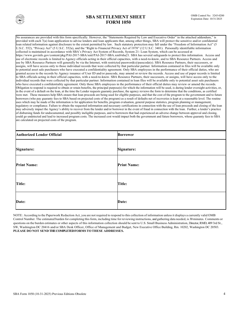 SBA Form 1050 SBA Settlement Sheet, Page 4