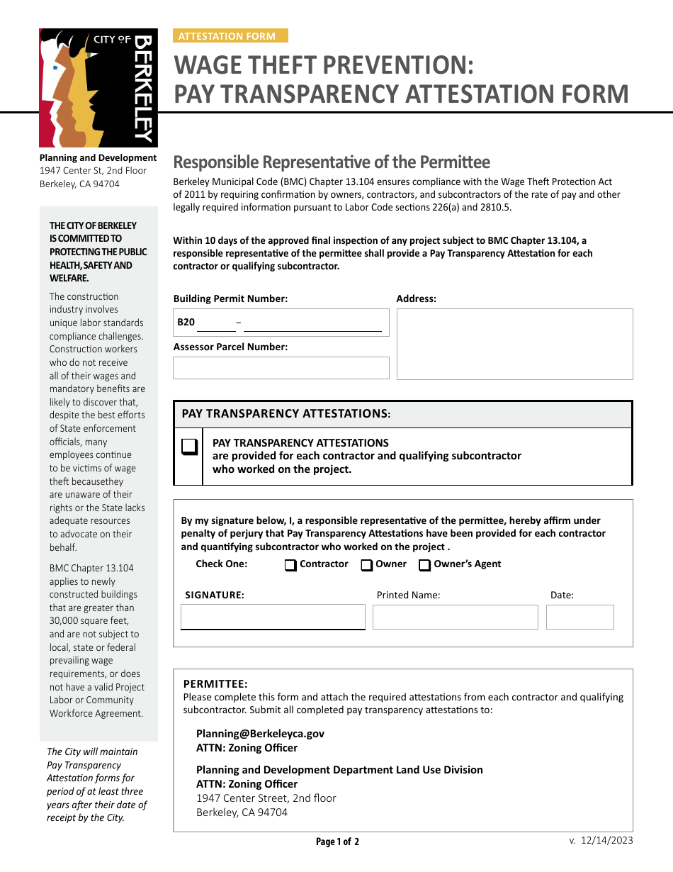 Wage Theft Prevention: Pay Transparency Attestation Form - City of Berkeley, California, Page 1