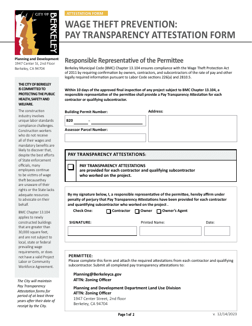Wage Theft Prevention: Pay Transparency Attestation Form - City of Berkeley, California Download Pdf