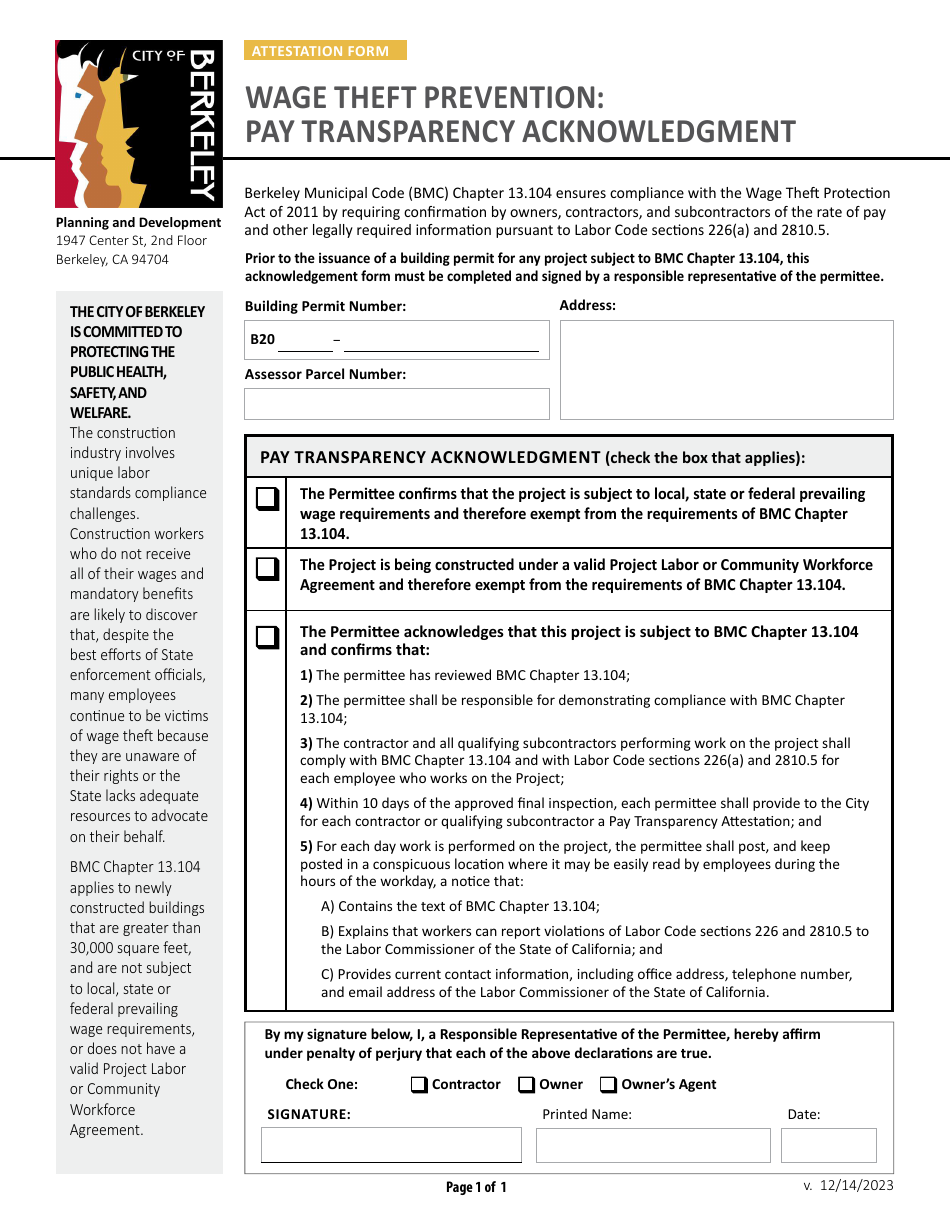 Wage Theft Prevention: Pay Transparency Acknowledgment - City of Berkeley, California, Page 1
