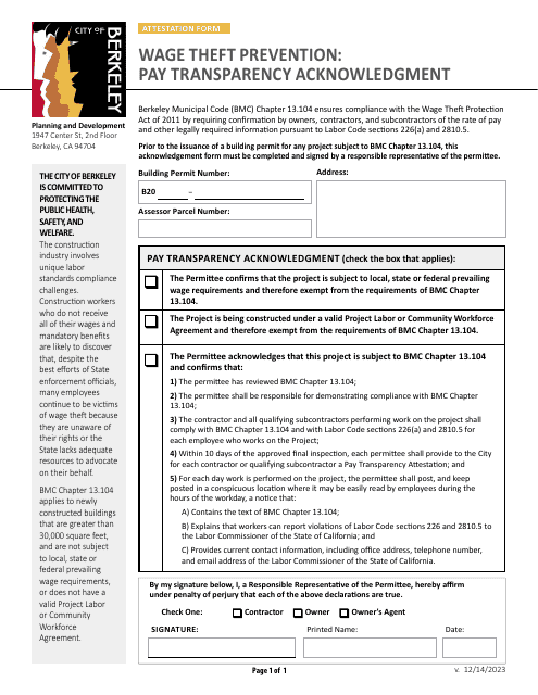 Wage Theft Prevention: Pay Transparency Acknowledgment - City of Berkeley, California Download Pdf