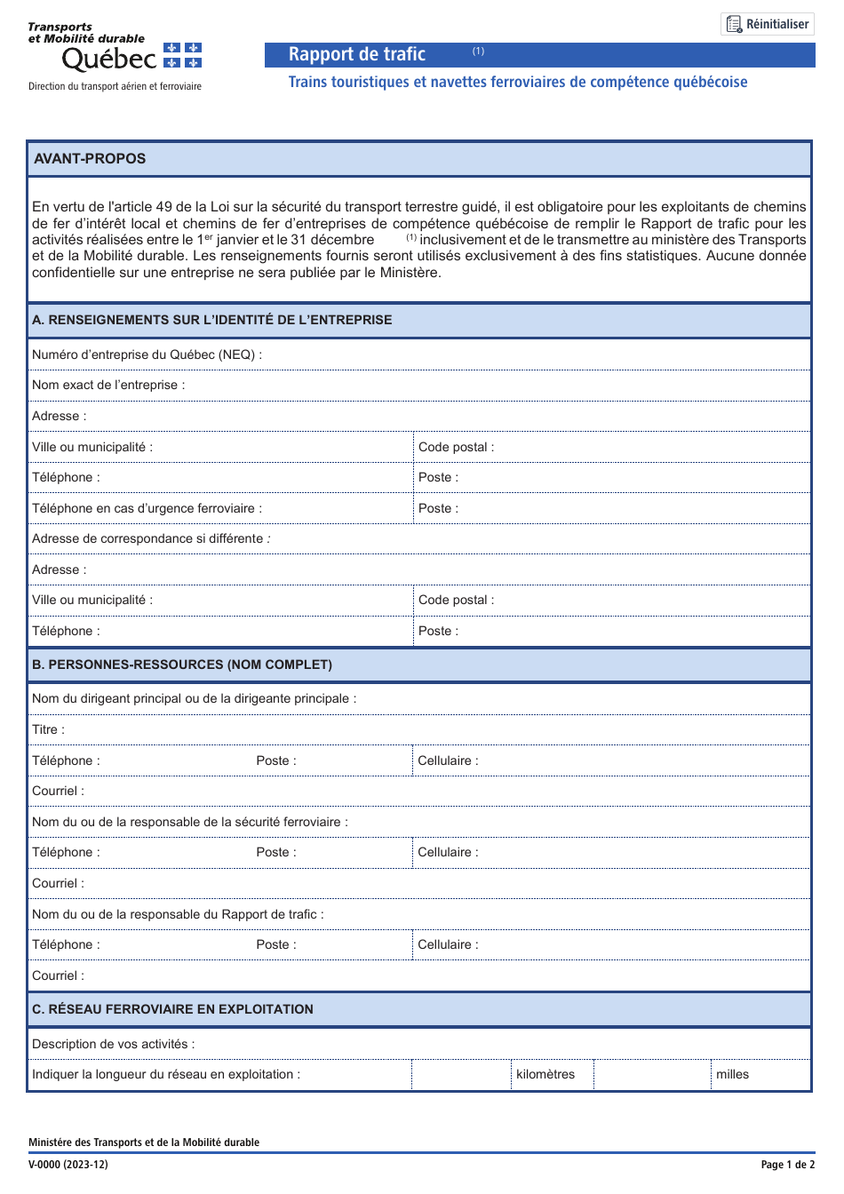 Forme V-0000 Rapport De Trafic - Trains Touristiques Et Navettes Ferroviaires De Competence Quebecoise - Quebec, Canada (French), Page 1