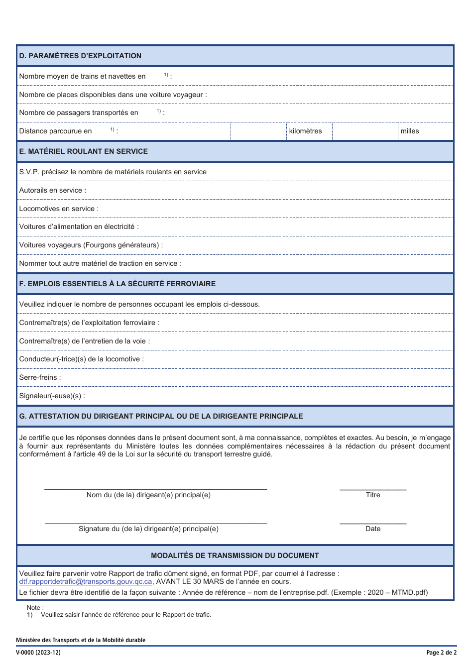 Forme V-0000 Rapport De Trafic - Trains Touristiques Et Navettes Ferroviaires De Competence Quebecoise - Quebec, Canada (French), Page 2