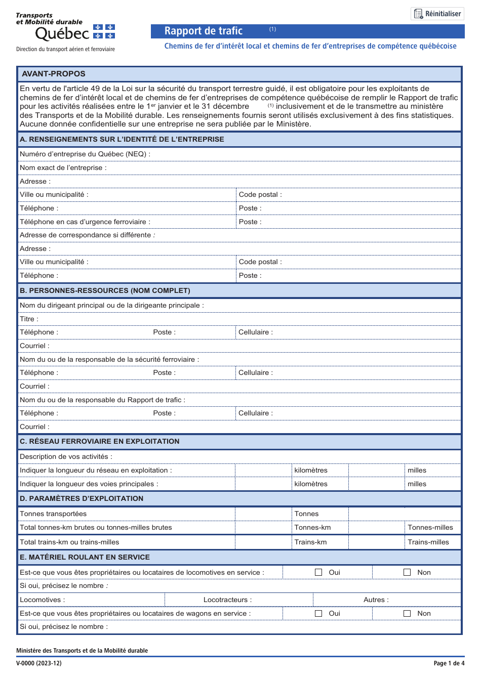 Forme V-0000 Rapport De Trafic - Chemins De Fer Dinteret Local Et Chemins De Fer Dentreprises De Competence Quebecoise - Quebec, Canada (French), Page 1