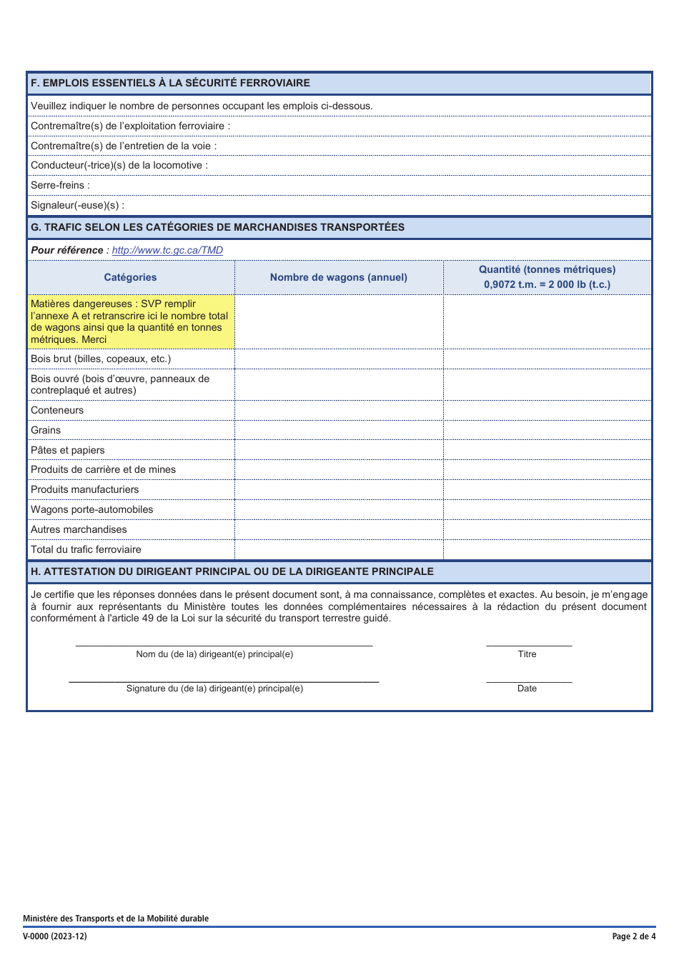 Forme V-0000 Rapport De Trafic - Chemins De Fer Dinteret Local Et Chemins De Fer Dentreprises De Competence Quebecoise - Quebec, Canada (French), Page 2