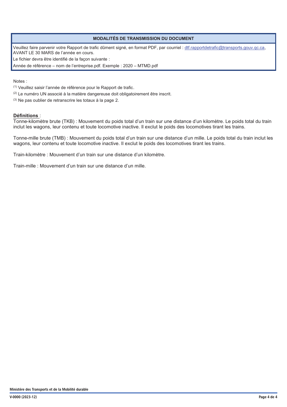 Forme V-0000 Rapport De Trafic - Chemins De Fer Dinteret Local Et Chemins De Fer Dentreprises De Competence Quebecoise - Quebec, Canada (French), Page 4