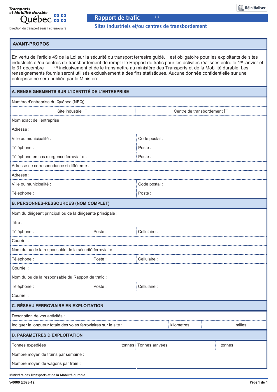 Forme V-0000 Rapport De Trafic - Sites Industriels Et / Ou Centres De Transbordement - Quebec, Canada (French), Page 1