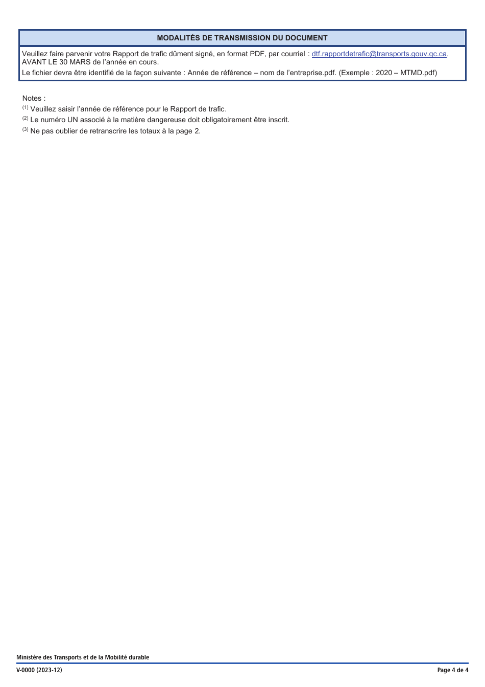 Forme V-0000 Rapport De Trafic - Sites Industriels Et / Ou Centres De Transbordement - Quebec, Canada (French), Page 4