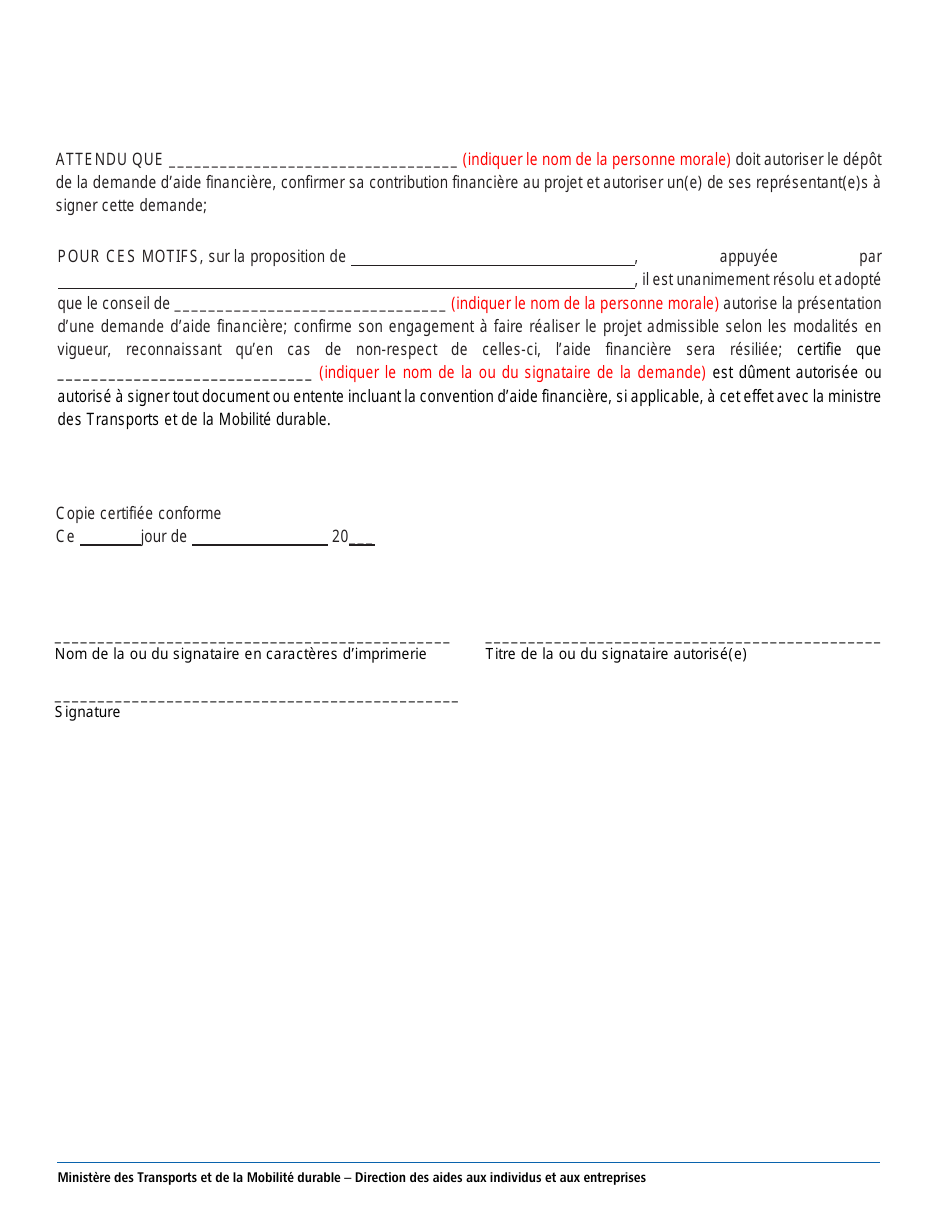 Resolution Type Accompagnant Le Depot Dune Demande - Programme Daide Financiere Du Fonds De La Securite Routiere (Paffsr) - Quebec, Canada (French), Page 2