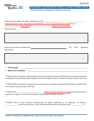 Document preview: Resolution Type Accompagnant Le Depot D'une Demande - Programme D'aide Financiere Du Fonds De La Securite Routiere (Paffsr) - Quebec, Canada (French)