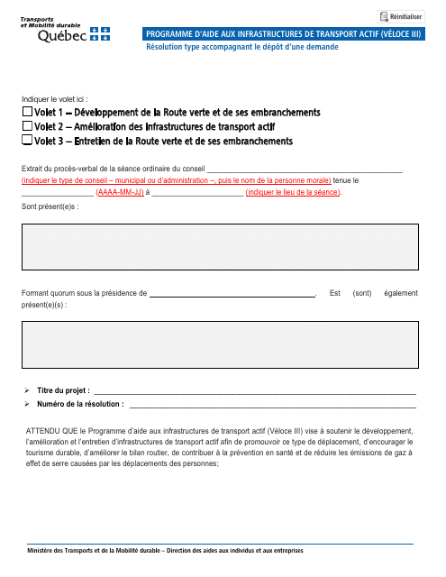 Resolution Type Accompagnant Le Depot D'une Demande - Programme D'aide Aux Infrastructures De Transport Actif (Veloce Iii) - Quebec, Canada (French)