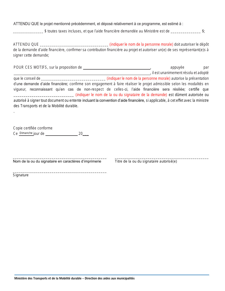 Resolution Type Accompagnant Le Depot Dune Demande - Programme Daide Financiere Au Developpement DES Transports Actifs Dans Les Perimetres Urbains (Tapu) - Quebec, Canada (French), Page 2