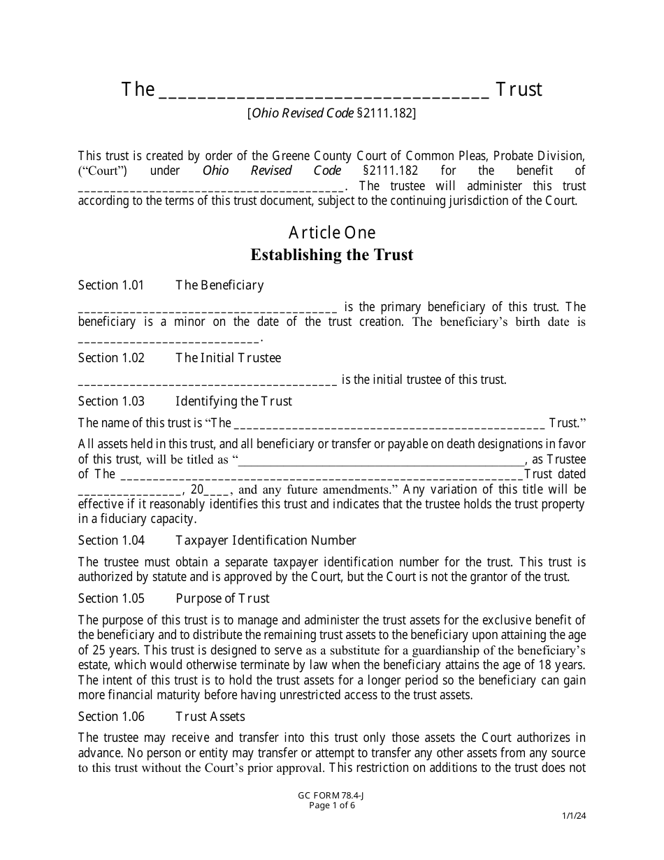 GC Form 78.4-J Trust Agreement - Greene County, Ohio, Page 1