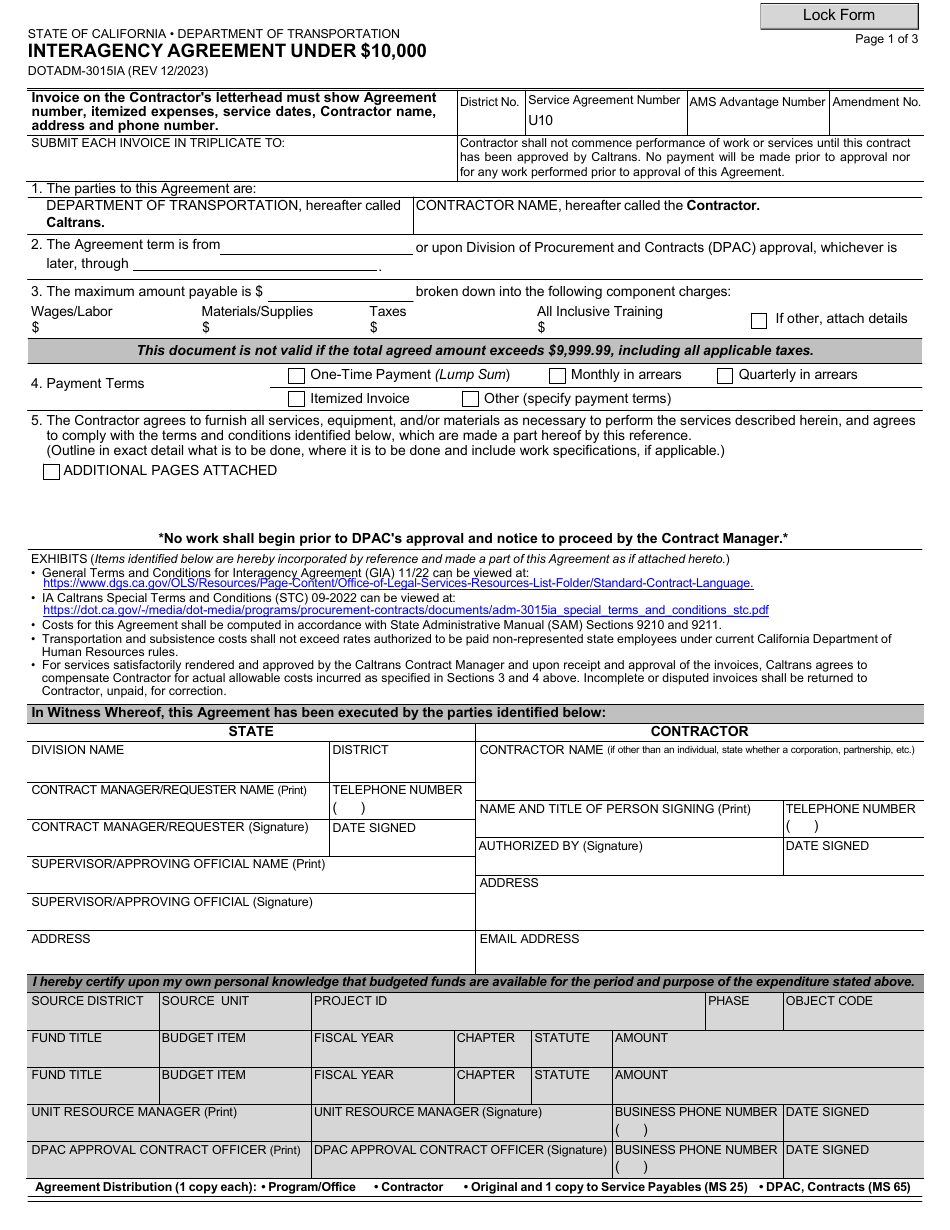 Form DOT ADM-3015IA Interagency Agreement Under $10,000 - California, Page 1