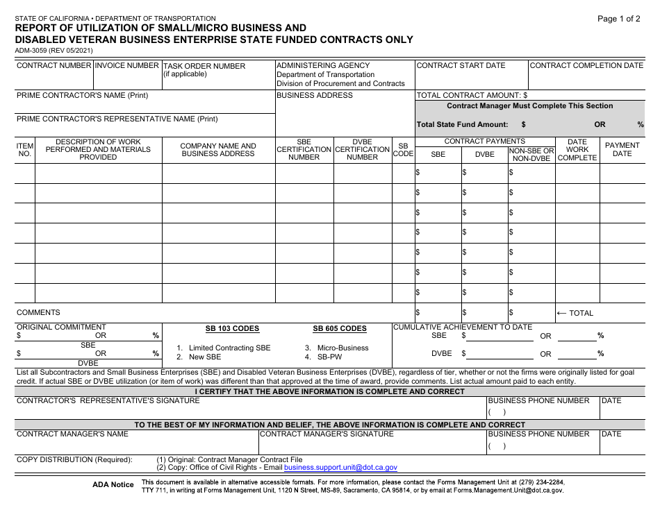 Form ADM-3059 Report of Utilization of Small / Micro Business and Disabled Veteran Business Enterprise State Funded Contracts Only - California, Page 1