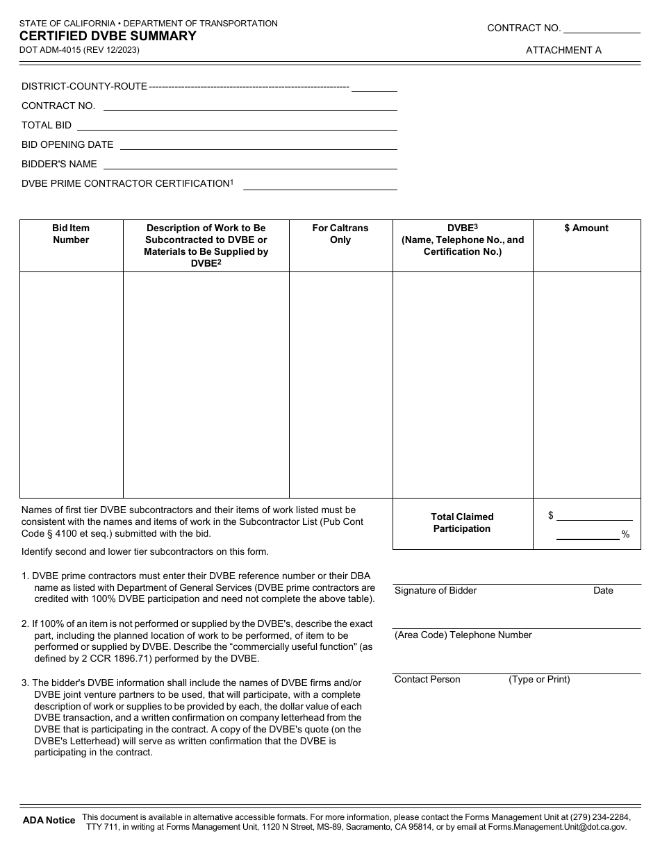 Form DOT ADM-4015 Certified Dvbe Summary - California, Page 1