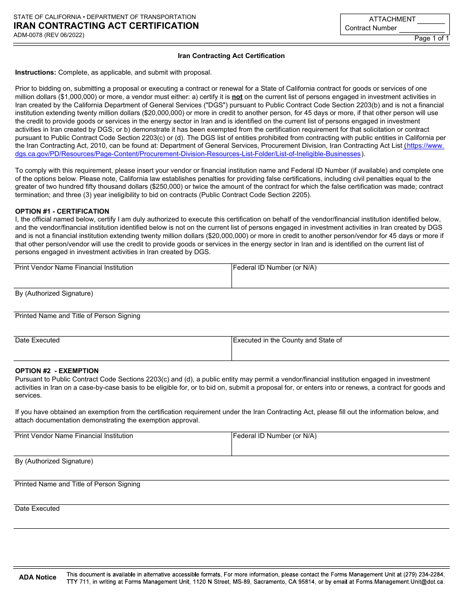 Form ADM-0078 Iran Contracting Act Certification - California, Page 1