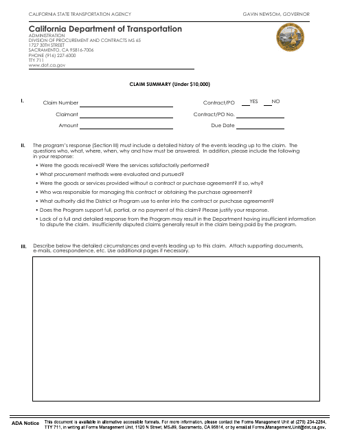 Form DOT ADM-0006 Claim Summary (Under $10,000) - California