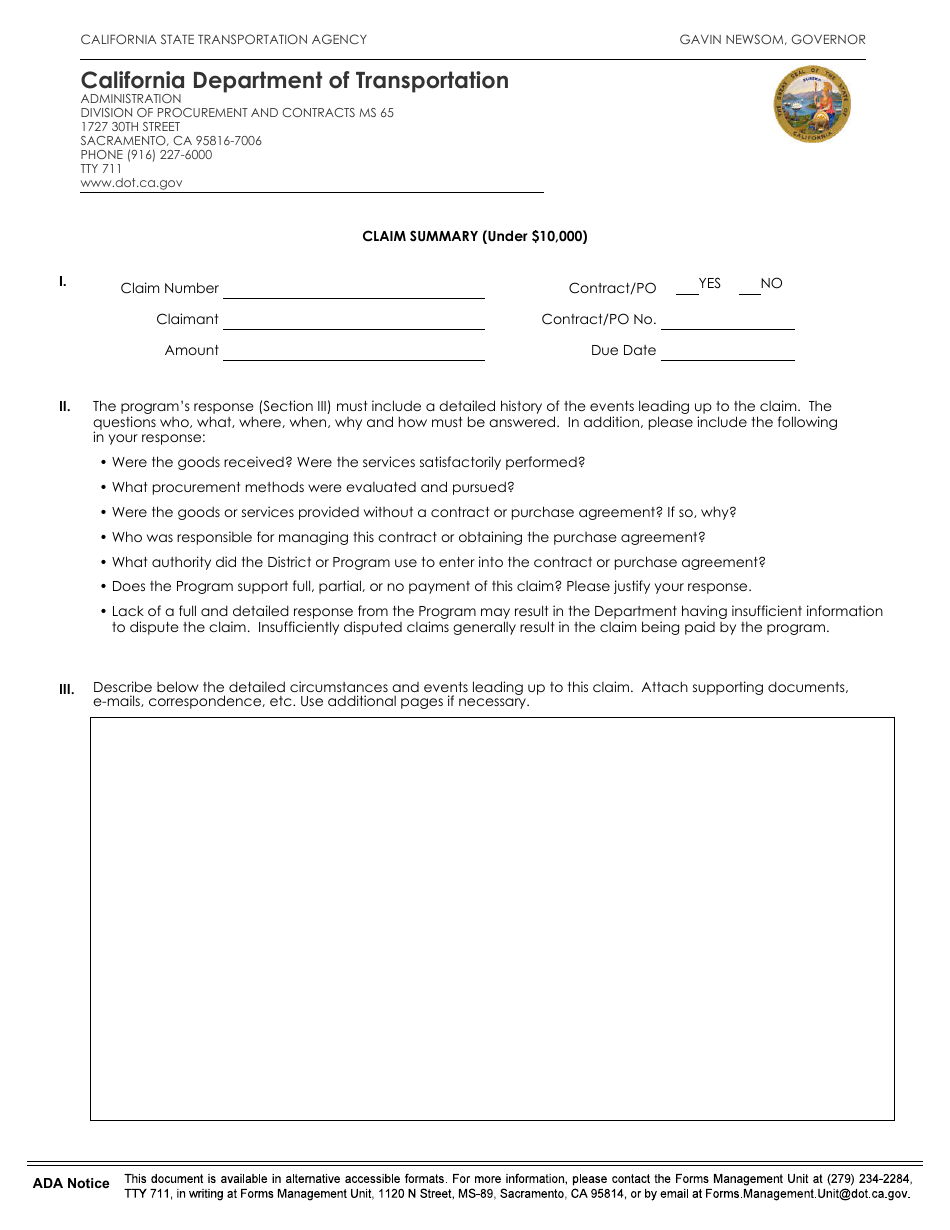 Form DOT ADM-0006 Claim Summary (Under $10,000) - California, Page 1