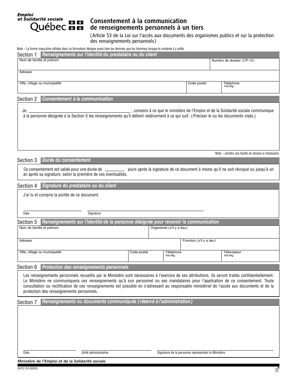 Forme 2412 Consentement a La Communication De Renseignements Personnels a Un Tiers - Quebec, Canada (French), Page 1