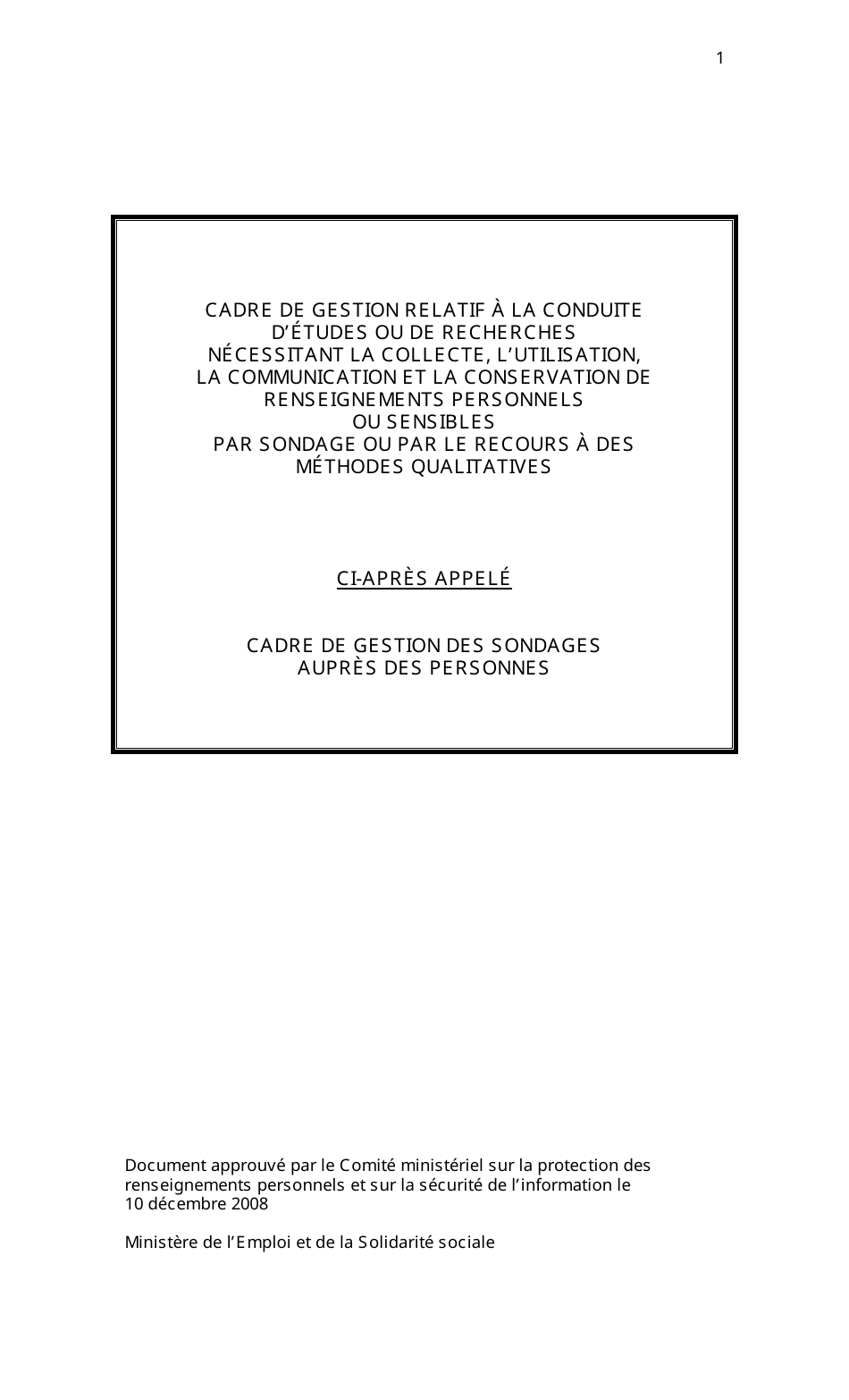 Cadre De Gestion DES Sondages Aupres DES Personnes - Quebec, Canada (French), Page 1
