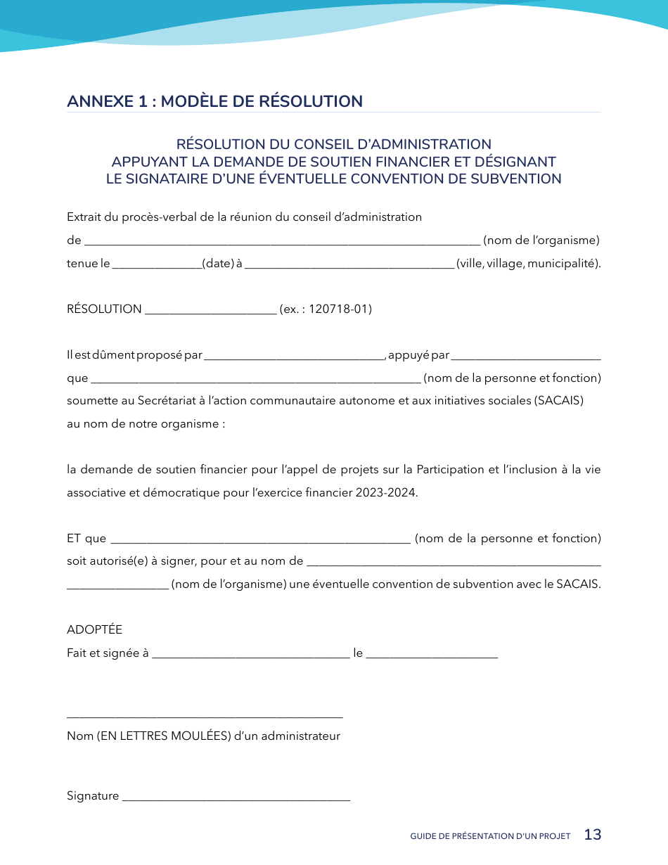 Guide De Presentation Dun Projet - Programme De Soutien Aux Initiatives Sociales Et Communautaires - Quebec, Canada (French), Page 13