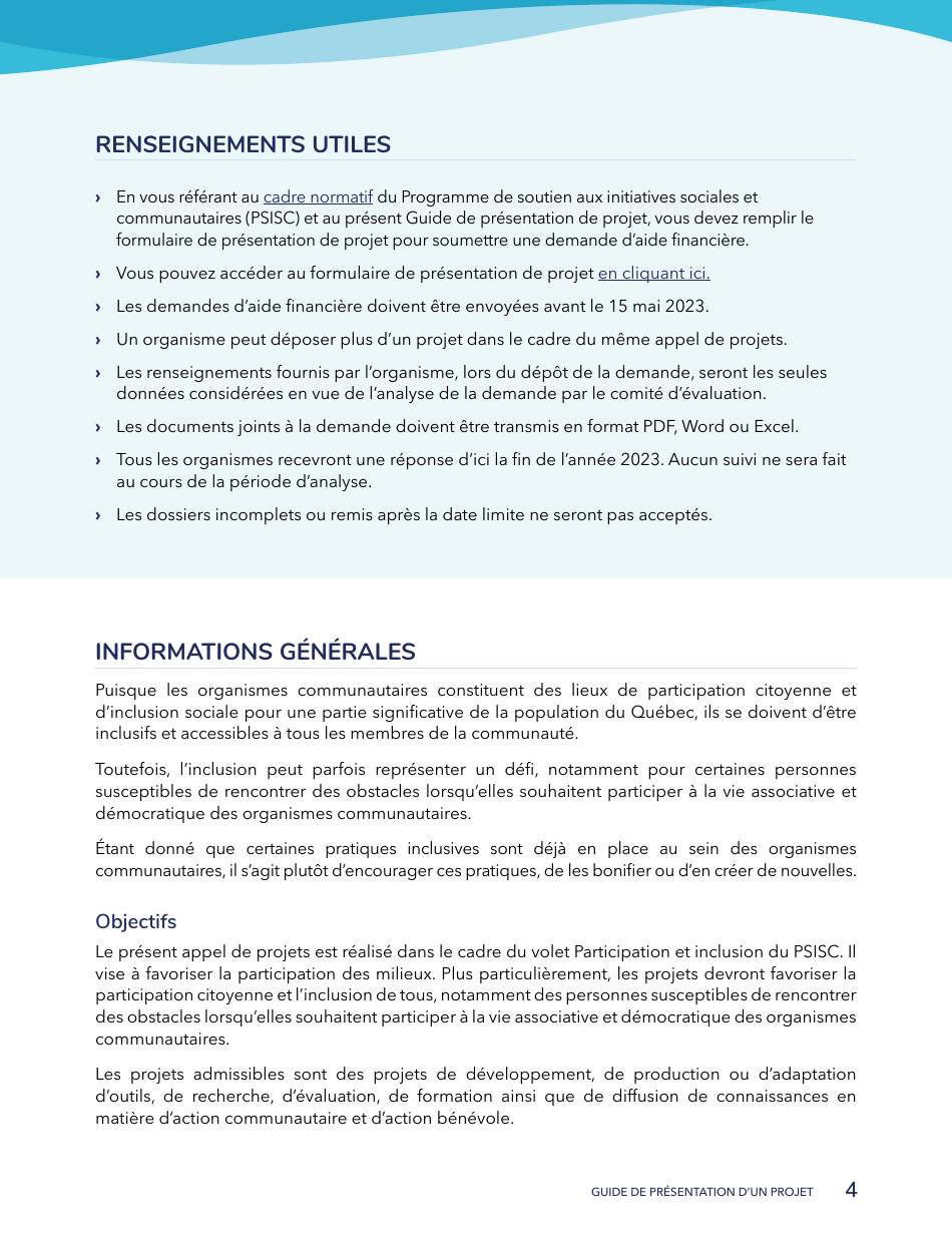 Guide De Presentation Dun Projet - Programme De Soutien Aux Initiatives Sociales Et Communautaires - Quebec, Canada (French), Page 4