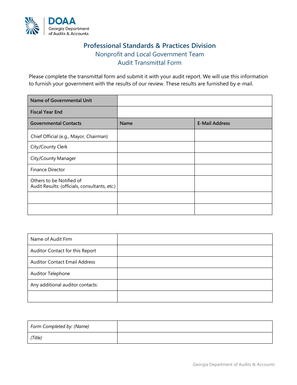 Nonprofit and Local Government Team Audit Transmittal Form - Georgia (United States), Page 1