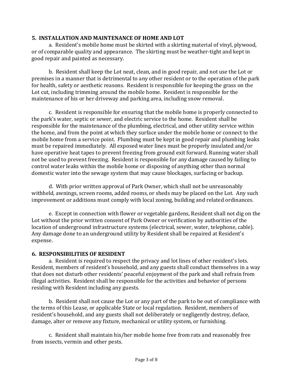 Model Vermont Mobile Home Park Lot Lease - Vermont, Page 3