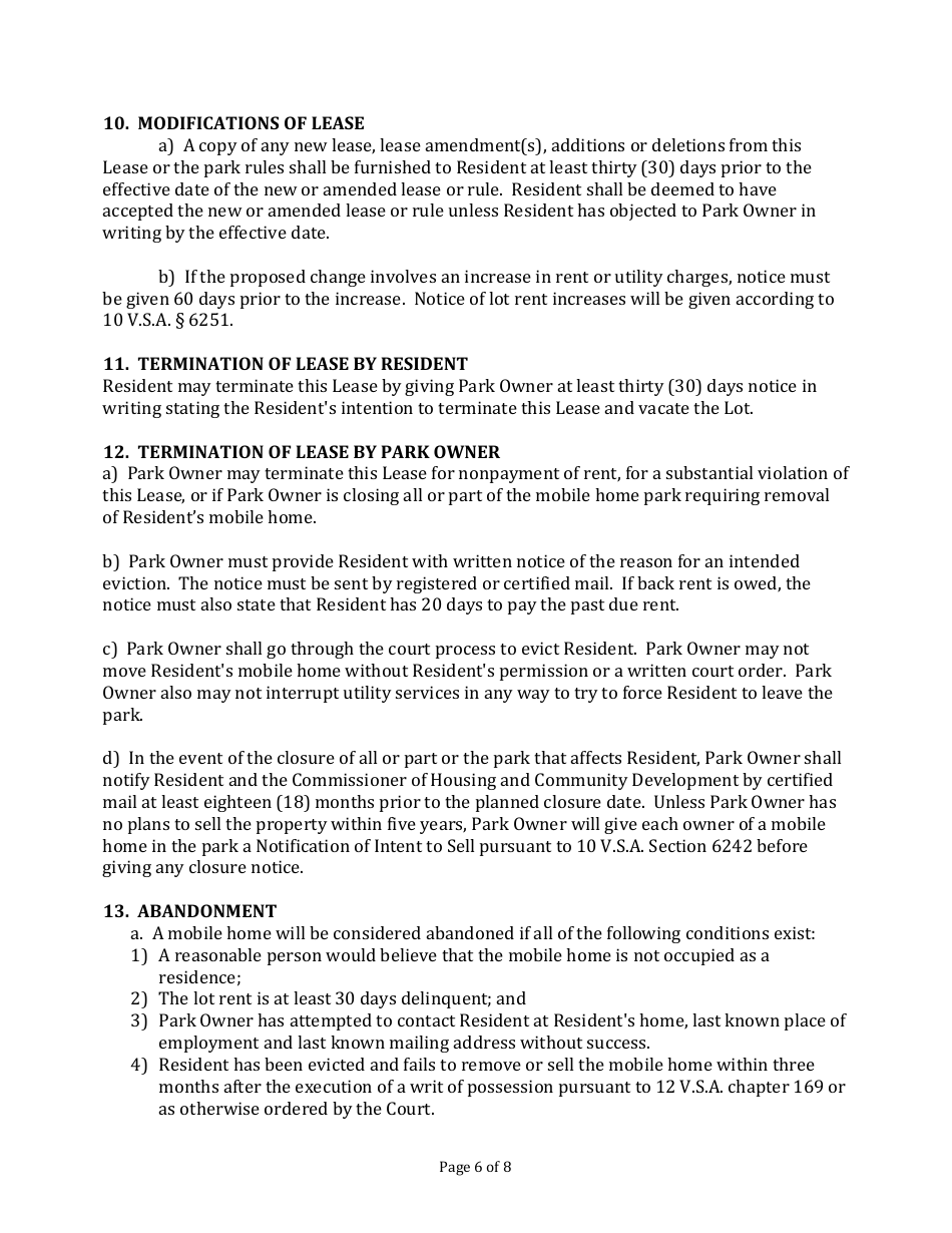 Model Vermont Mobile Home Park Lot Lease - Vermont, Page 6
