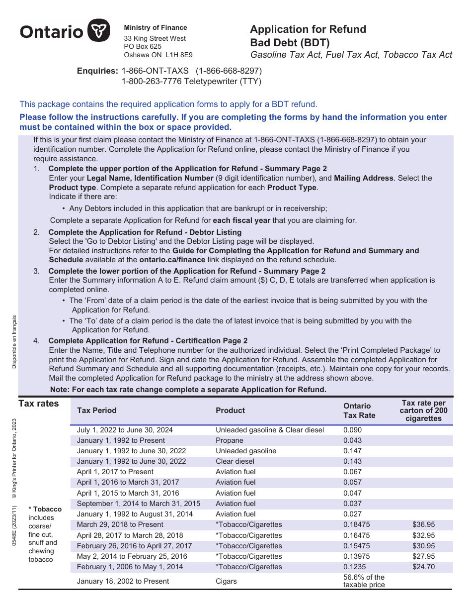 Form 0548E Application for Refund Bad Debt (Bdt) - Ontario, Canada, Page 1