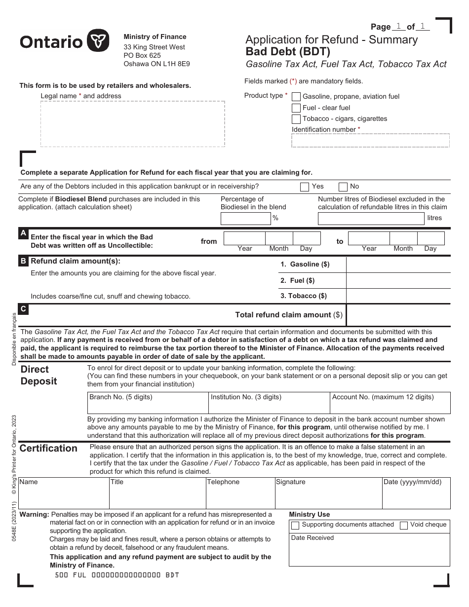Form 0548E Application for Refund Bad Debt (Bdt) - Ontario, Canada, Page 2