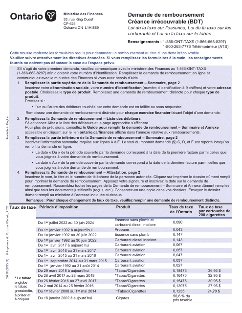Forme 0548F Demande De Remboursement Creance Irrecouvrable (Bdt) - Ontario, Canada (French)